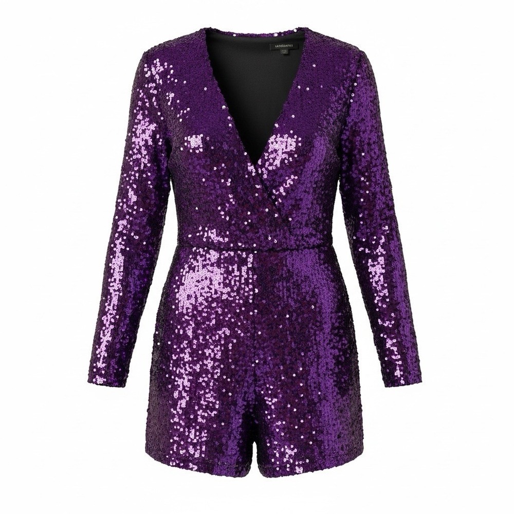 HAODUOYI Sequin Long Sleeve V-Neck Romper Lined Women’s Size XL Purple & Silver
